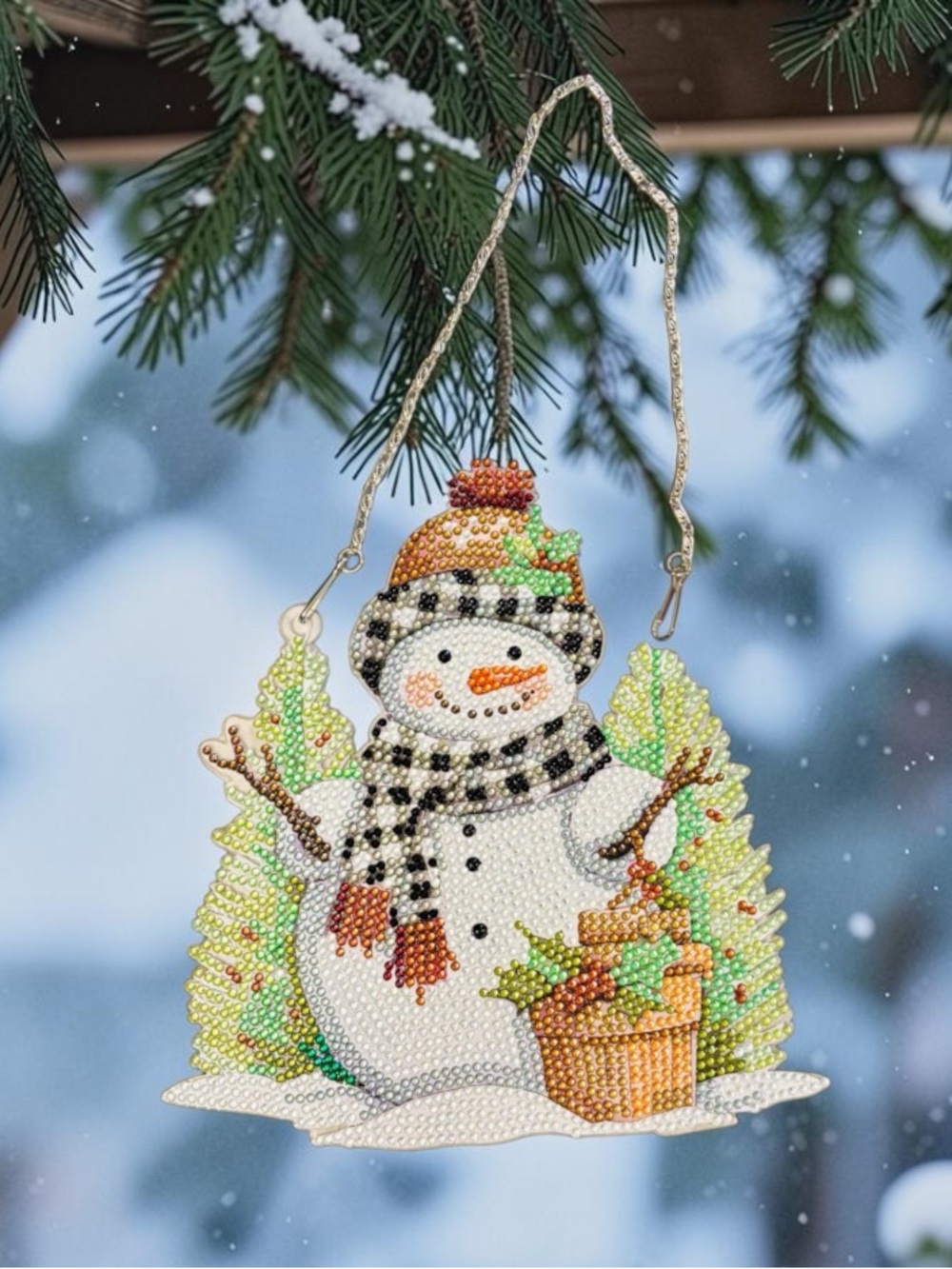 Snowman Hanging Sign Wall Decor Hand Crafted Sealed Diamond Art 7”